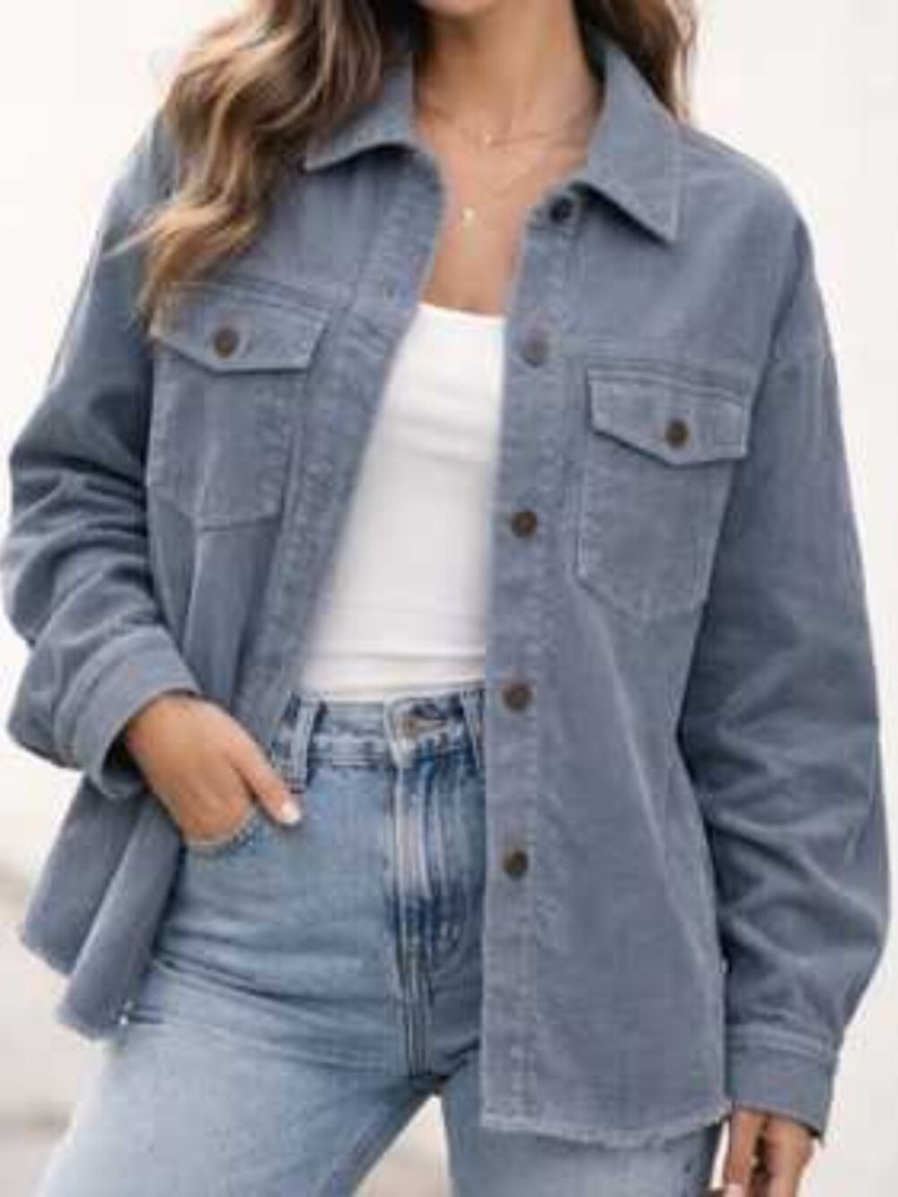 Zara Grey-Blue Corduroy Shirt Jacket (Size XS - Oversized Fit)